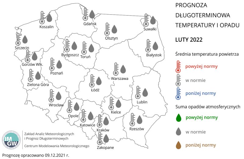 Prognoza średniej miesięcznej temperatury powietrza i miesięcznej sumy opadów atmosferycznych na luty 2022 r. dla wybranych miast w Polsce.