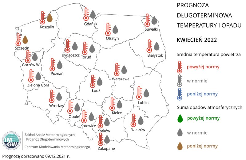 Prognoza średniej miesięcznej temperatury powietrza i miesięcznej sumy opadów atmosferycznych na kwiecień 2022 r. dla wybranych miast w Polsce.