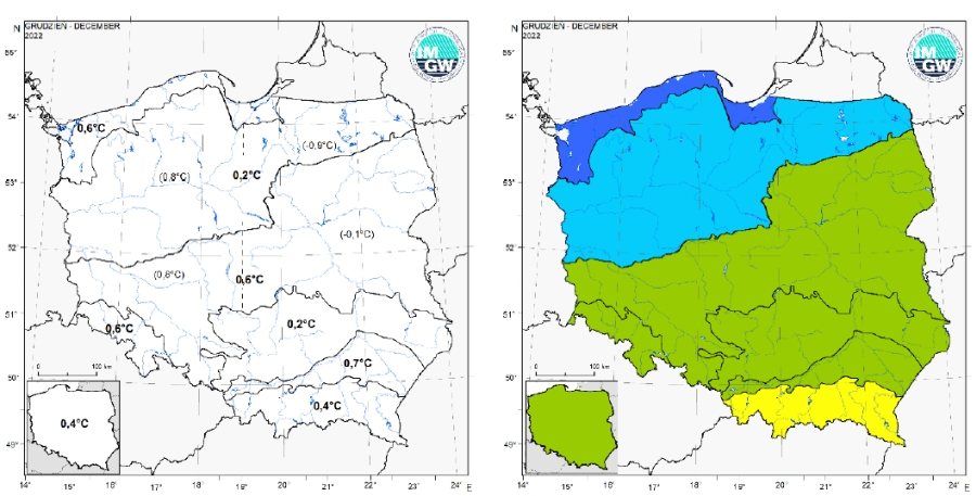 Wartości średniej obszarowej temperatury powietrza oraz klasyfikacja termiczna w grudniu 2022 r. w poszczególnych regionach klimatycznych Polski.