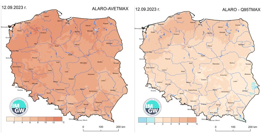 Anomalia prognozy TMAX (2023-09-12) względem notowanych charakterystyk wieloletnich (1991-2020): ALARO-AVETMAX – ALARO-wartość średnia TMAX (po lewej), ALARO-Q95TMAX – ALARO-kwantyl 95%