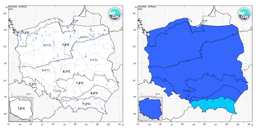 Wartości średniej obszarowej temperatury powietrza oraz klasyfikacja termiczna wiosny 2022 r. w poszczególnych regionach klimatycznych Polski.