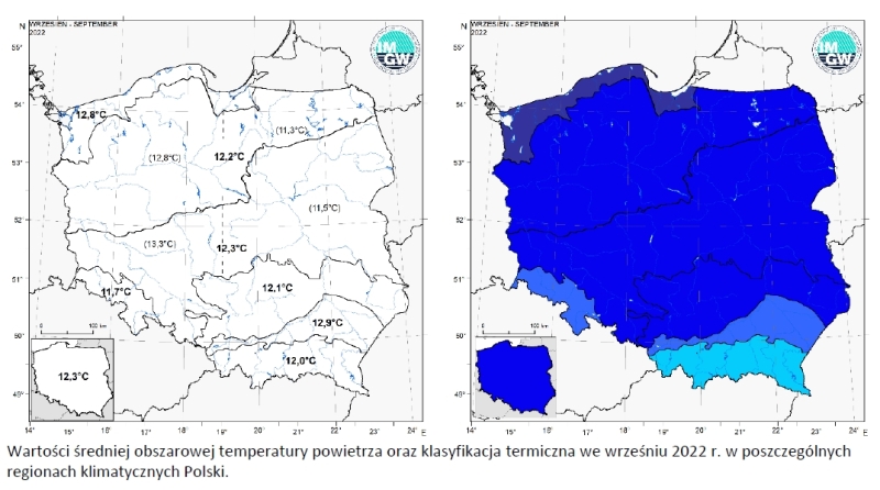 Wartości średniej obszarowej temperatury powietrza oraz klasyfikacja termiczna we wrześniu 2022 r. w poszczególnych regionach klimatycznych Polski.