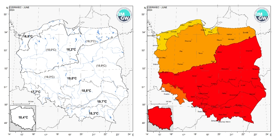 Wartości średniej obszarowej temperatury powietrza oraz klasyfikacja termiczna w czerwcu 2024 r. w poszczególnych regionach klimatycznych Polski.