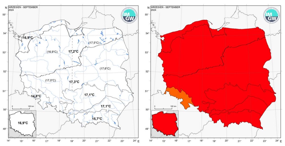 Wartości średniej obszarowej temperatury powietrza oraz klasyfikacja termiczna we wrześniu 2024 r. w poszczególnych regionach klimatycznych Polski.