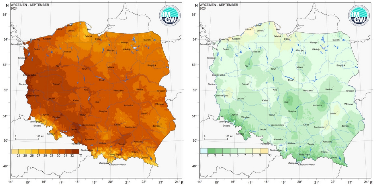 Przestrzenny rozkład wartości kwantyla 95% maksymalnej temperatury powietrza (po lewej) i kwantyla 5% minimalnej temperatury powietrza (po prawej) we wrześniu 2024 r.