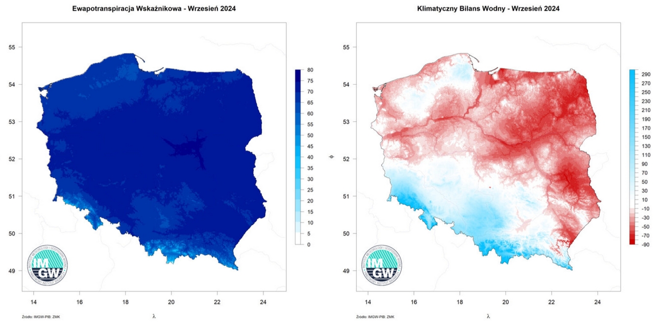 Przestrzenny rozkład sumy parowania potencjalnego oraz przestrzenny rozkład klimatycznego bilansu wodnego we wrześniu 2024 r.