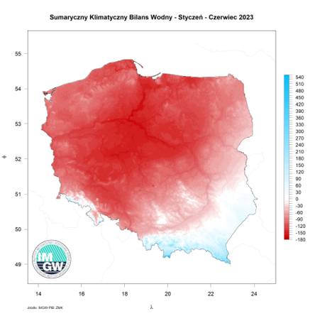 Przestrzenny rozkład skumulowanego wartości klimatycznego bilansu wodnego z okresu I-VI 2023 r.