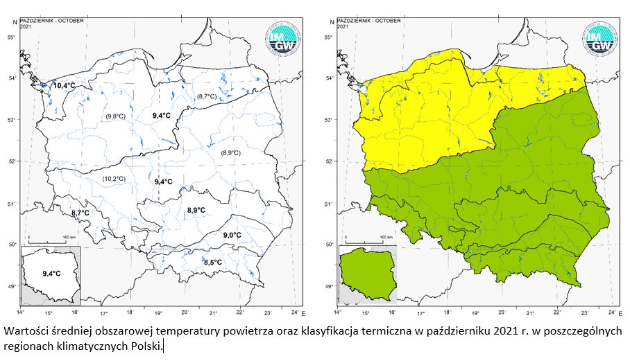 Wartości średniej obszarowej temperatury powietrza oraz klasyfikacja termiczna w październiku 2021 r. w poszczególnych regionach klimatycznych Polski.