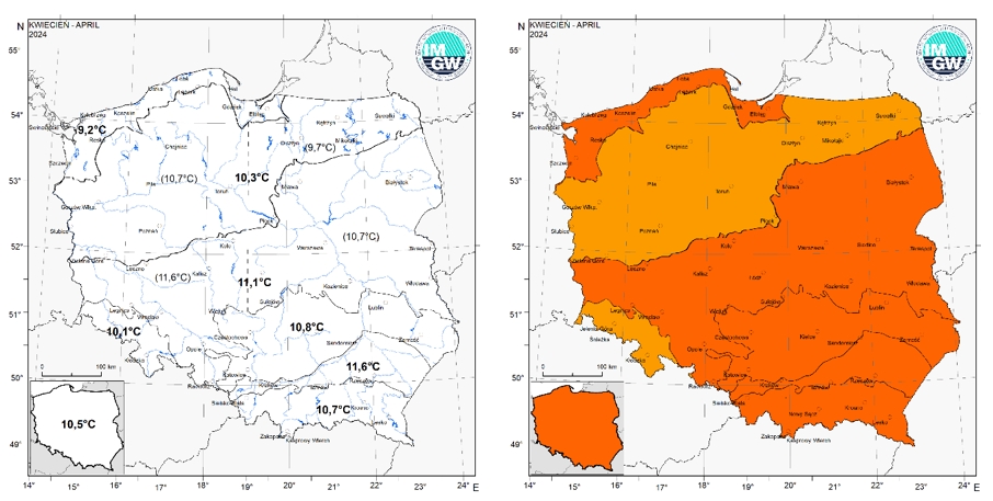 Wartości średniej obszarowej temperatury powietrza oraz klasyfikacja termiczna w kwietniu 2024 r. w poszczególnych regionach klimatycznych Polski.
