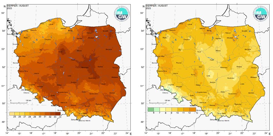 Przestrzenny rozkład wartości kwantyla 95% maksymalnej temperatury powietrza (po lewej) i kwantyla 5% minimalnej temperatury powietrza (po prawej) w sierpniu 2023 r.