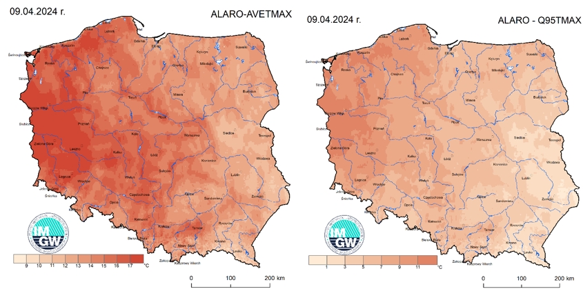 Anomalia prognozy TMAX (2024-04-09) względem notowanych charakterystyk wieloletnich (1991-2020): ALARO-AVETMAX – ALARO-wartość średnia TMAX (po lewej), ALARO-Q95TMAX – ALARO-kwantyl 95% TMAX (po prawej).