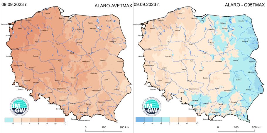 Anomalia prognozy TMAX (2023-09-09) względem notowanych charakterystyk wieloletnich (1991-2020): ALARO-AVETMAX – ALARO-wartość średnia TMAX (po lewej), ALARO-Q95TMAX – ALARO-kwantyl 95% TMAX (po prawej).