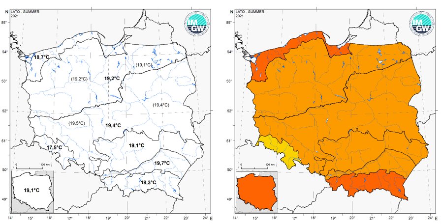 Wartości średniej obszarowej temperatury powietrza oraz klasyfikacja termiczna lata 2021 r. w poszczególnych regionach klimatycznych Polski.