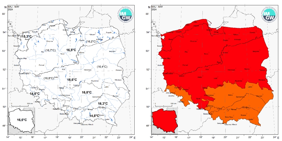 Wartości średniej obszarowej temperatury powietrza oraz klasyfikacja termiczna w maju 2024 r. w poszczególnych regio-nach klimatycznych Polski.