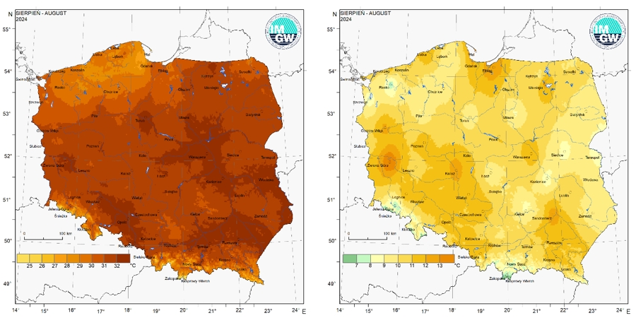 Przestrzenny rozkład wartości kwantyla 95% maksymalnej temperatury powietrza (po lewej) i kwantyla 5% minimalnej temperatury powietrza (po prawej) w sierpniu 2024 r.