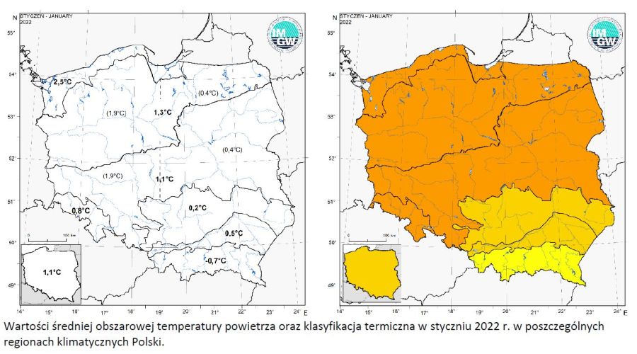 Wartości średniej obszarowej temperatury powietrza oraz klasyfikacja termiczna w styczniu 2022 r. w poszczególnych regionach klimatycznych Polski.