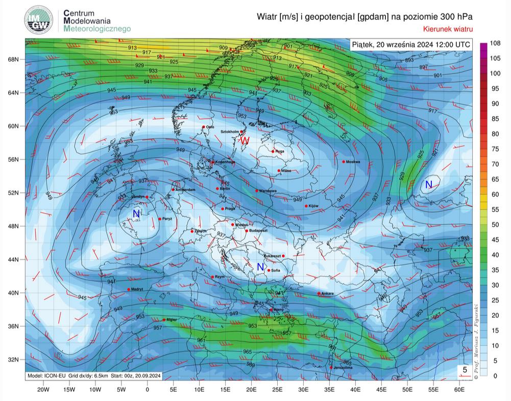 Prognozowane przez model ICON-EU prędkość i kierunek wiatru oraz geopotencjał na poziomie 300 hPa na piątek (20.09), godz. 12:00 UTC.