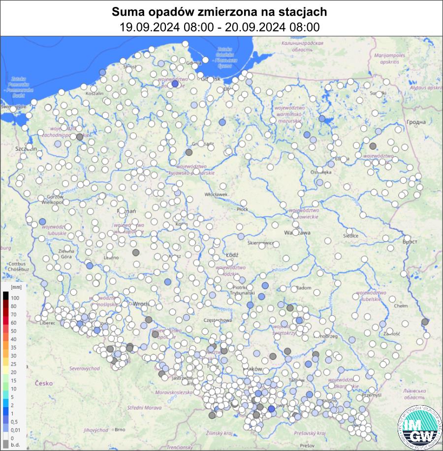 Suma opadów zmierzona na stacjach za okres 24 h (19.09.2024 06:00 UTC – 20.09.2024 06:00 UTC).