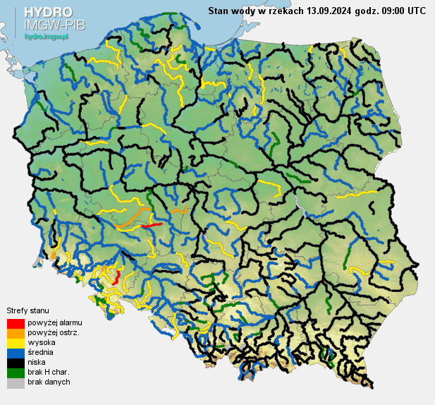 Aktualny stan wody w rzekach 13.09.2024 r. (09 UTC)