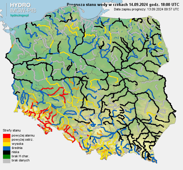 Prognozowana sytuacja hydrologiczna 14.09.2024 r. (18 UTC)