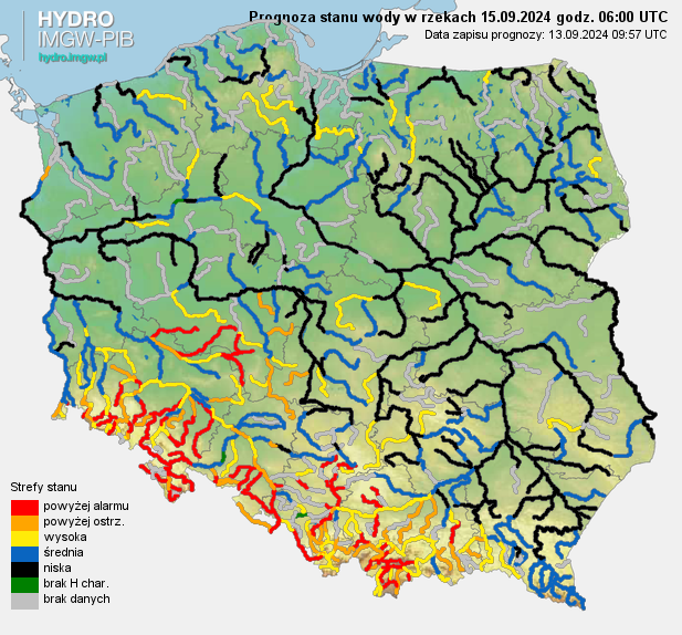 Prognozowana sytuacja hydrologiczna 15.09.2024 r. (06 UTC)