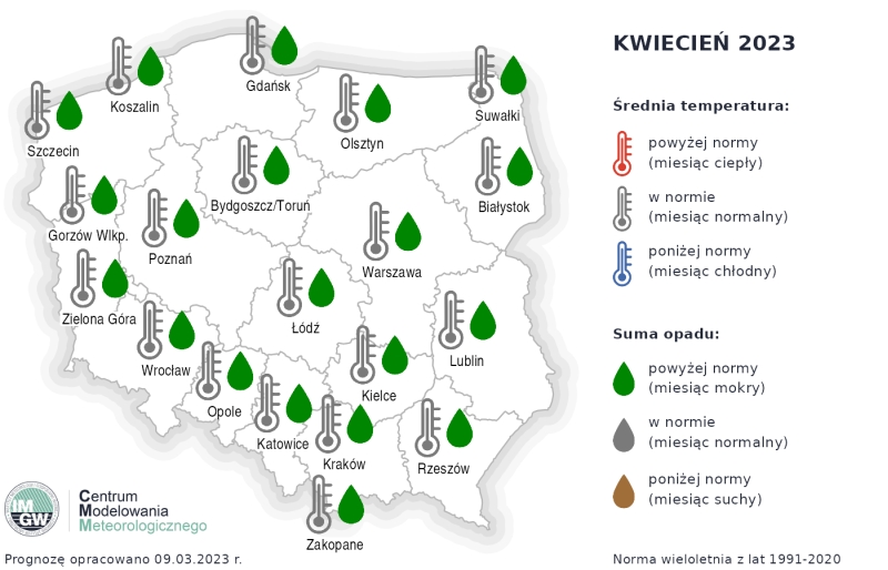 Prognoza średniej miesięcznej temperatury powietrza i miesięcznej sumy opadów atmosferycznych na kwiecień 2023 r. dla wybranych miast w Polsce.