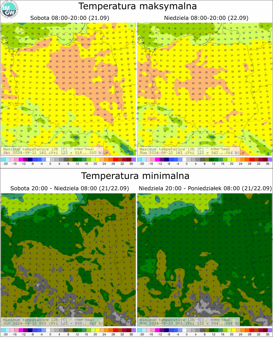 Prognozowana temperatura maksymalna i minimalna na kolejne dwie doby. Model ECMWF 0.1° 