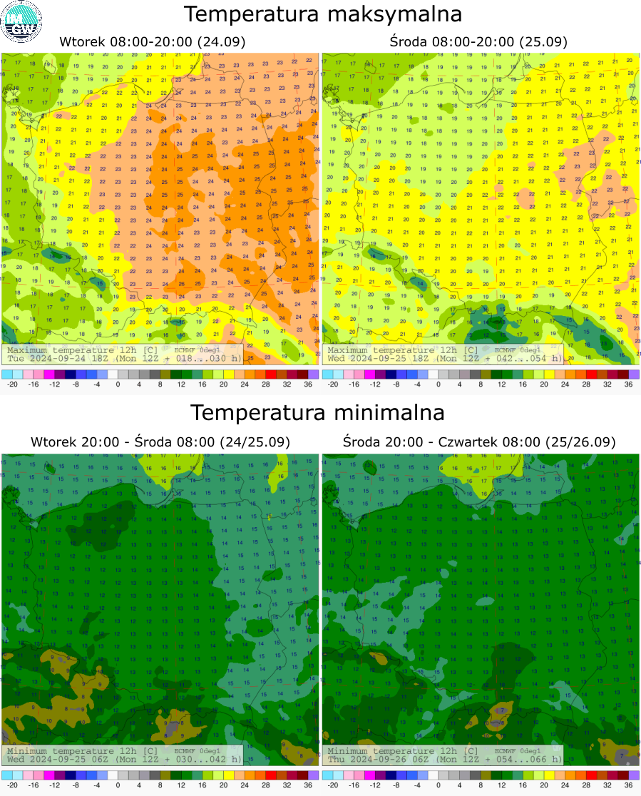 Prognozowana temperatura maksymalna i minimalna na kolejne dwie doby. Model ECMWF 0.1°.