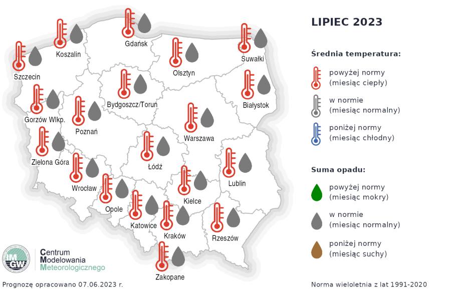 Prognoza średniej miesięcznej temperatury powietrza i miesięcznej sumy opadów atmosferycznych na lipiec 2023 r. dla wybranych miast w Polsce