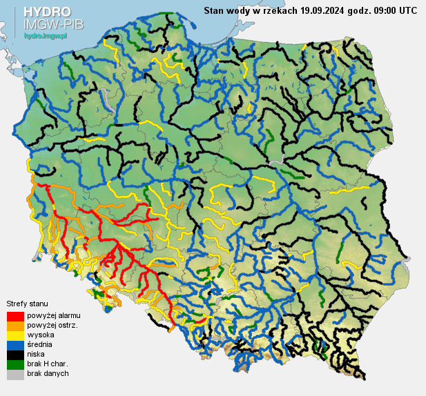 Aktualna sytuacja hydrologiczna 19.09.2024 (06 UTC). Źródło: IMGW-PIB