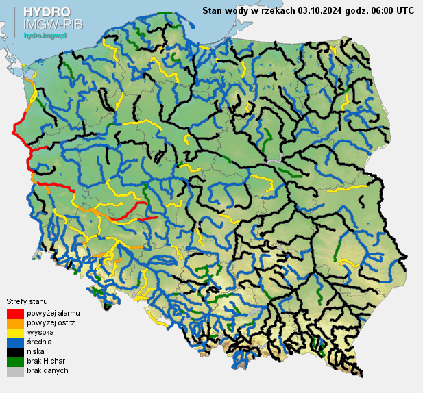 Stan wody na rzekach w Polsce 03.10.2024 r. godz. 8:00.