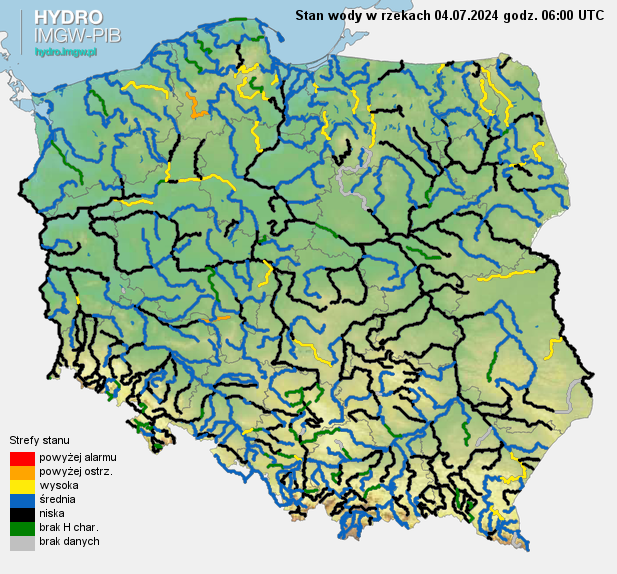 Stan wody na rzekach w Polsce 04.07.2024 r. godz. 8:00.