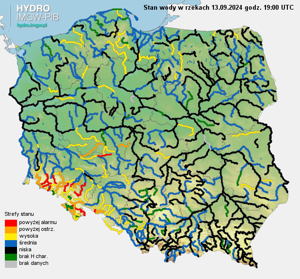 Aktualna sytuacja hydrologiczna 13.09.2024 (19 UTC). Źródło: IMGW-PIB