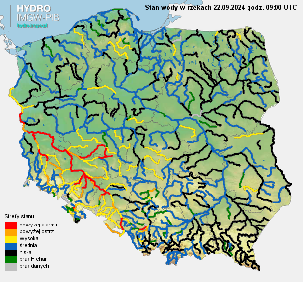 Aktualna sytuacja hydrologiczna 22.09.2024 (09 UTC). Źródło: IMGW-PIB