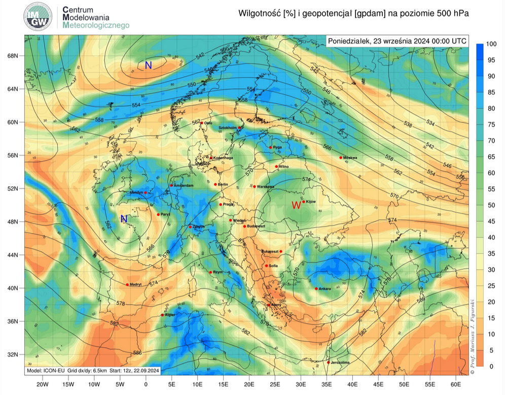 Prognozowana przez model ICON-EU wilgotność względna oraz geopotencjał na poziomie 500 hPa na poniedziałek (22.09), godz. 00:00 UTC.