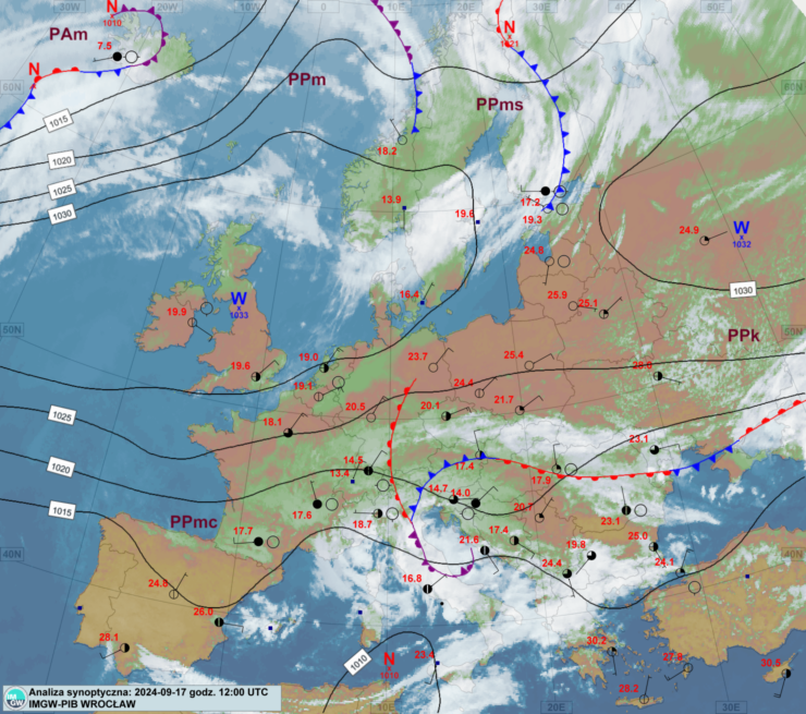 Mapa synoptyczna z terminu 17.09.2024 12:00 UTC. Źródło: IMGW-PIB.