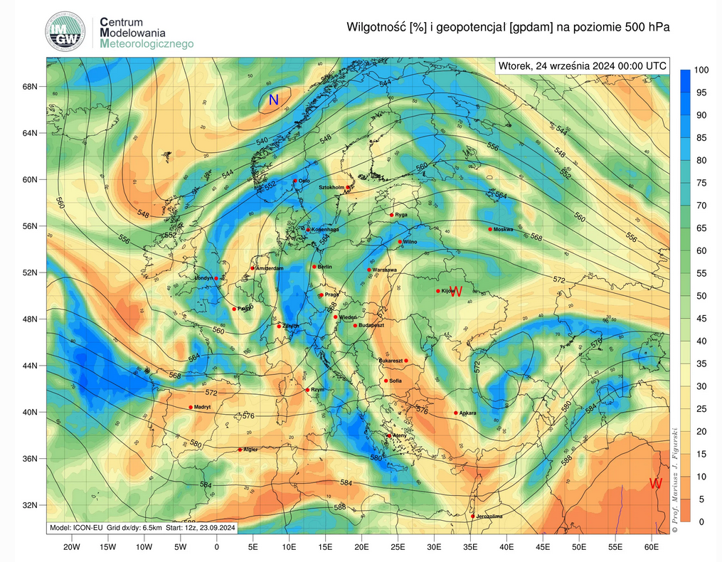 Prognozowana przez model ICON-EU wilgotność względna oraz geopotencjał na poziomie 500 hPa na poniedziałek (24.09), godz. 00:00 UTC.