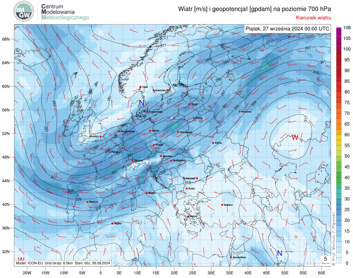 Prognozowane przez model ICON-EU prędkość i kierunek wiatru oraz geopotencjał na poziomie 700 hPa na piątek (27.09), godz. 00:00 UTC.