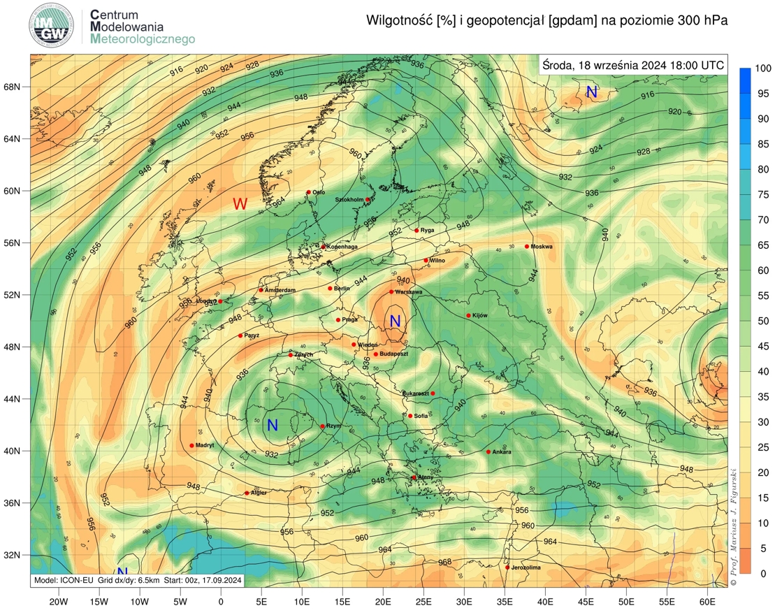 Prognozowana przez model ICON-EU wilgotność względna i geopotencjał na poziomie 300 hPa na najbliższą środę (18.09), godz. 14:00.