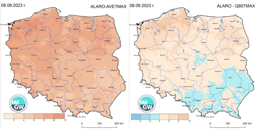 Anomalia prognozy TMAX (2023-09-08) względem notowanych charakterystyk wieloletnich (1991-2020): ALARO-AVETMAX – ALARO-wartość średnia TMAX (po lewej), ALARO-Q95TMAX – ALARO-kwantyl 95% TMAX (po prawej).