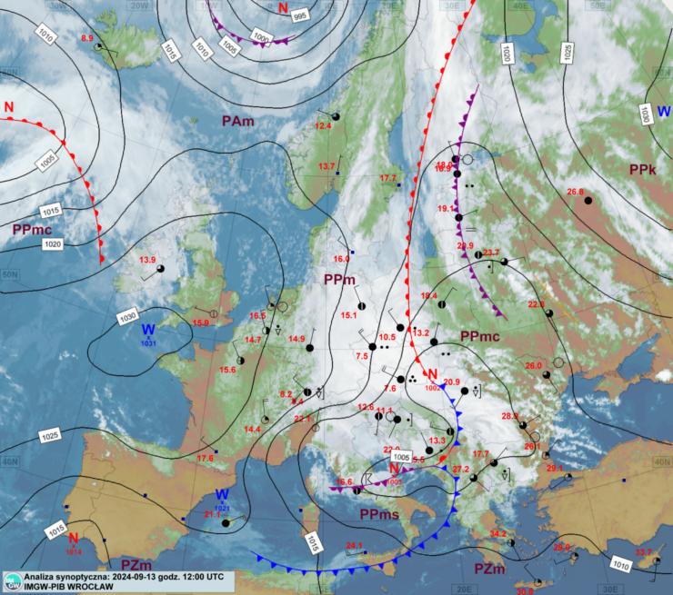 Mapa synoptyczna z terminu 13.09.2024 12:00 UTC. Źródło: IMGW-PIB.