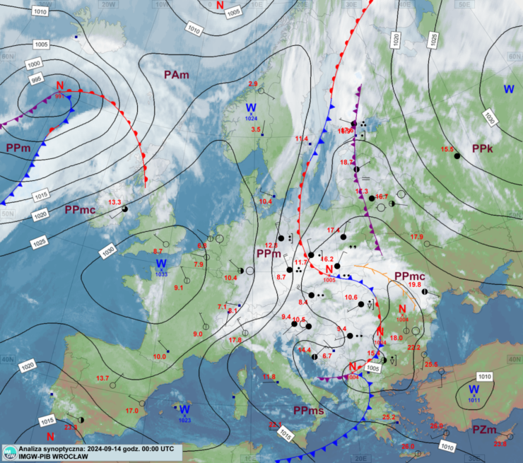 Mapa synoptyczna z terminu 14.09.2024 00:00 UTC. Źródło: IMGW-PIB.