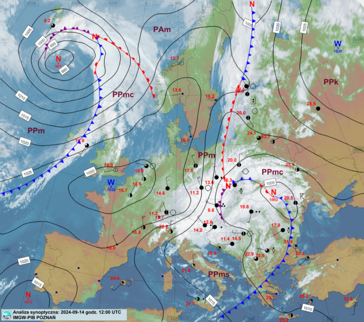 Mapa synoptyczna z terminu 14.09.2024 12:00 UTC. Źródło: IMGW-PIB.