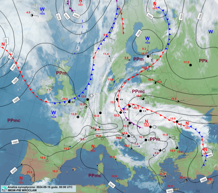 Mapa synoptyczna z terminu 16.09.2024 00:00 UTC. Źródło: IMGW-PIB.