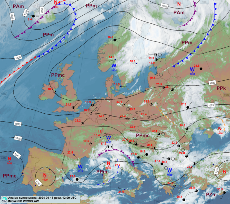 Mapa synoptyczna z terminu 18.09.2024 12:00 UTC. Źródło: IMGW-PIB.