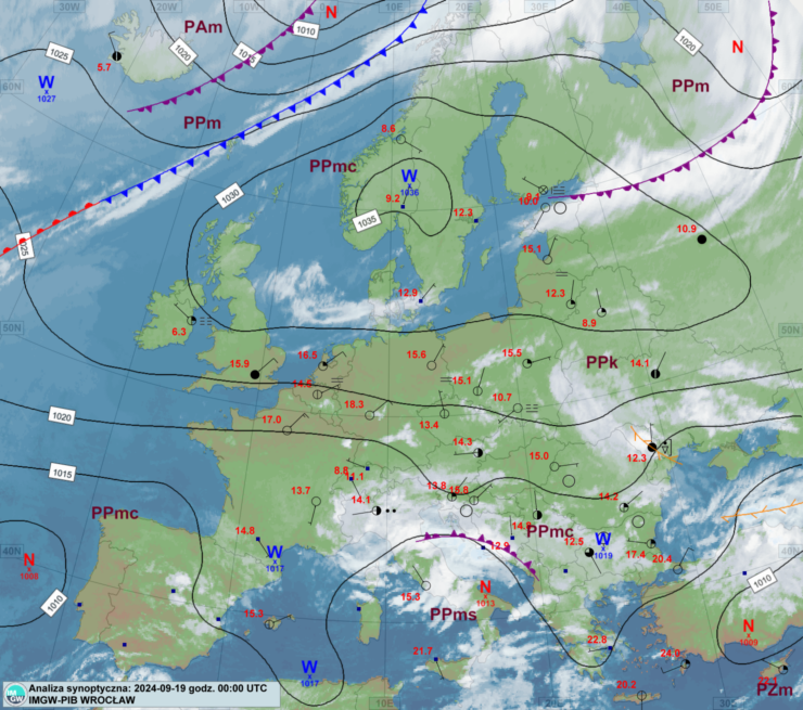 Mapa synoptyczna z terminu 19.09.2024 00:00 UTC. Źródło: IMGW-PIB.