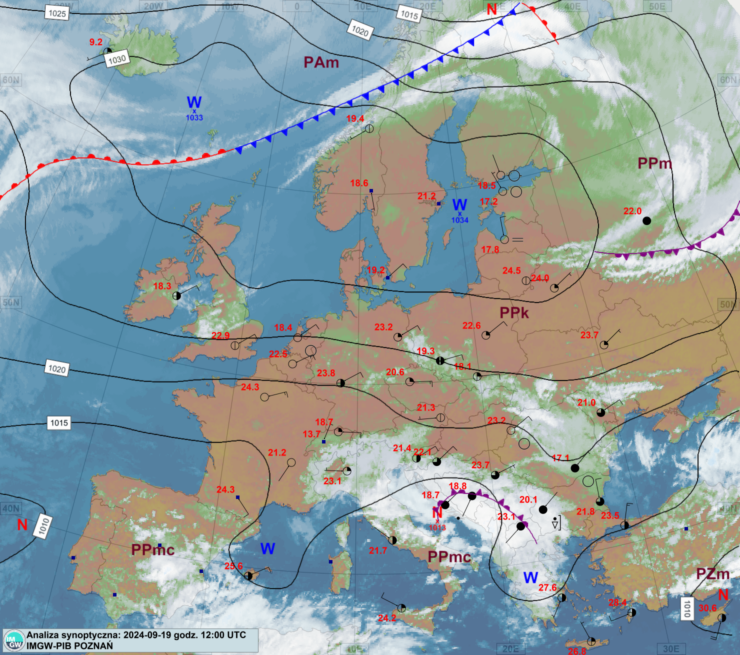 Mapa synoptyczna z terminu 19.09.2024 12:00 UTC. Źródło: IMGW-PIB.