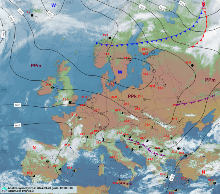 Mapa synoptyczna z terminu 20.09.2024 12:00 UTC. Źródło: IMGW-PIB. 