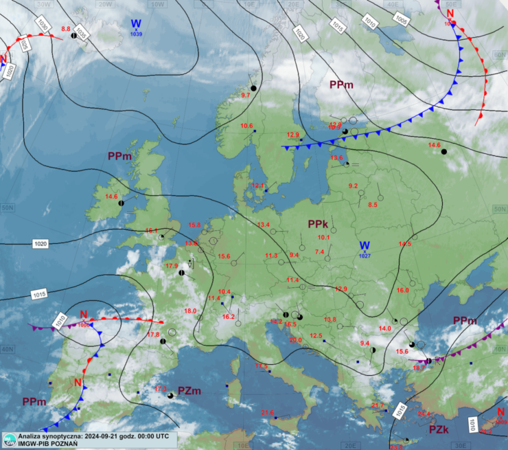 Mapa synoptyczna z terminu 21.09.2024 00:00 UTC. Źródło: IMGW-PIB.