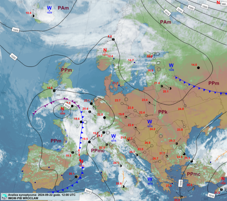 Mapa synoptyczna z terminu 22.09.2024 12:00 UTC. Źródło: IMGW-PIB.